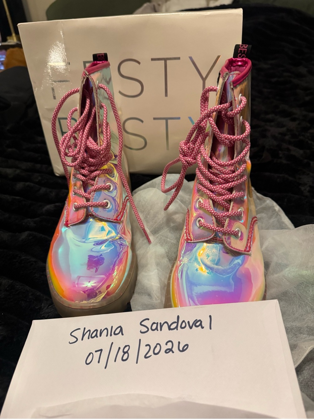 Iridescent Pink Combat Boots with Pink Laces